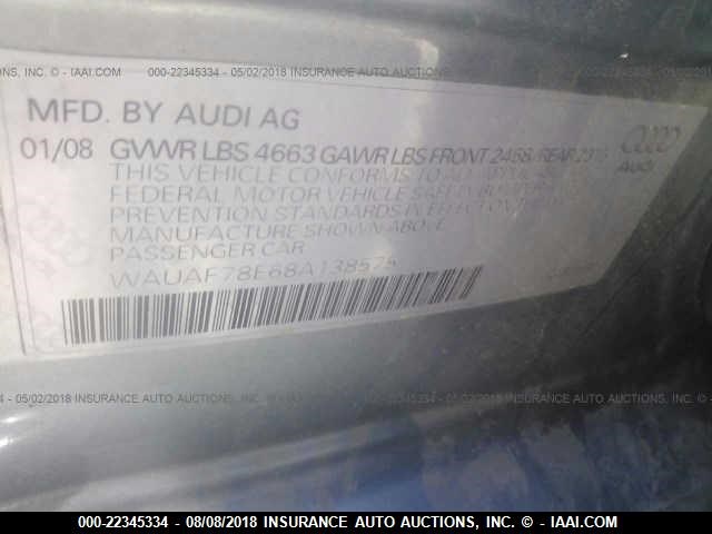 WAUAF78E68A138575 - 2008 AUDI A4 2.0T SILVER photo 9