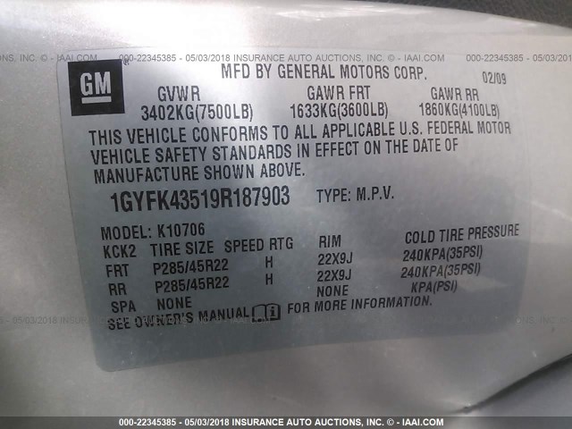 1GYFK43519R187903 - 2009 CADILLAC ESCALADE HYBRID TAN photo 9