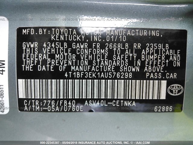 4T1BF3EK1AU576298 - 2010 TOYOTA CAMRY SE/LE/XLE 绿色 照片 9