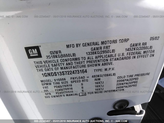 1GNDS13S722473164 - 2002 CHEVROLET TRAILBLAZER  WHITE photo 9