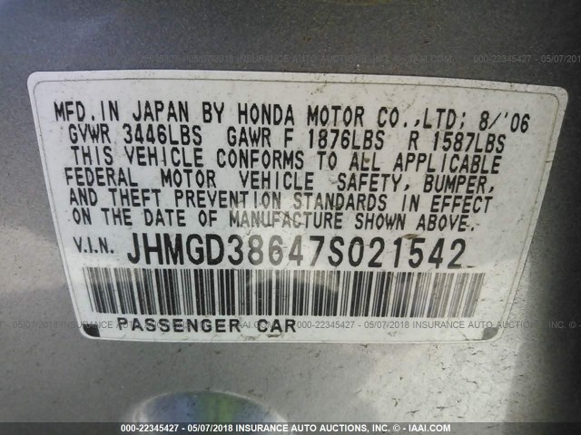 JHMGD38647S021542 - 2007 HONDA FIT S SILVER photo 9