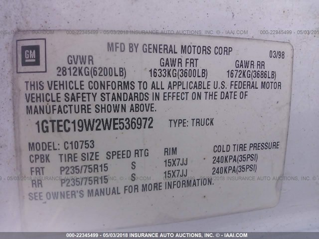 1GTEC19W2WE536972 - 1998 GMC SIERRA C1500 WHITE photo 9