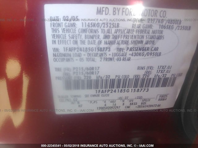 1FAFP24185G158773 - 2005 FORD FIVE HUNDRED SEL RED photo 9