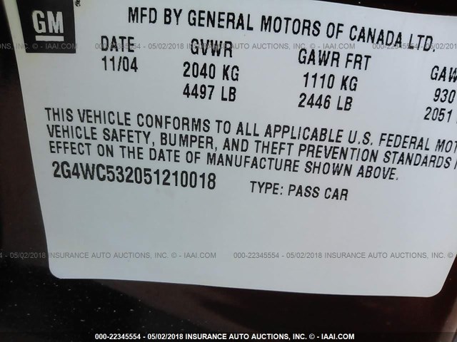 2G4WC532051210018 - 2005 BUICK LACROSSE CX RED photo 9