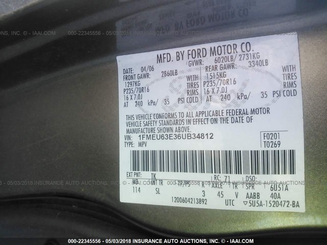 1FMEU63E36UB34812 - 2006 FORD EXPLORER XLT GRAY photo 9