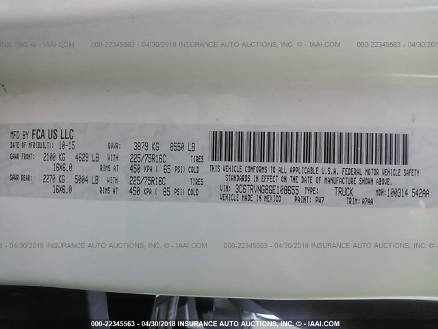 3C6TRVNG8GE108655 - 2016 RAM PROMASTER 1500 1500 STANDARD WHITE photo 9