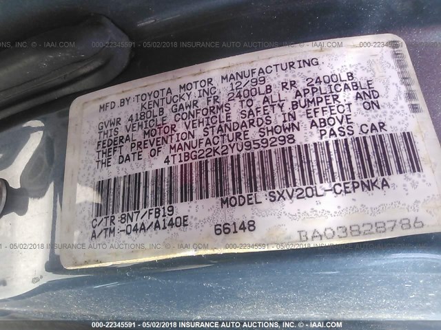 4T1BG22K2YU959298 - 2000 TOYOTA CAMRY CE/LE/XLE 蓝色 照片 9