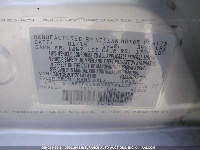 3N1CE2CP7FL414135 - 2015 NISSAN VERSA NOTE S/S PLUS/SV/SL/SR SILVER photo 9