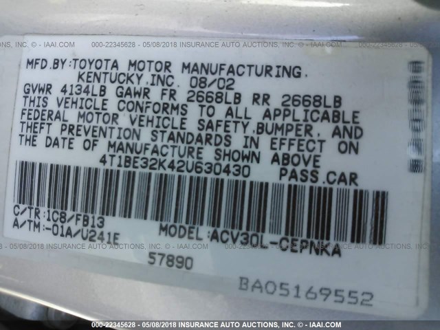 4T1BE32K42U630430 - 2002 TOYOTA CAMRY LE/XLE/SE ვერცხლისფერი ფოტო 9