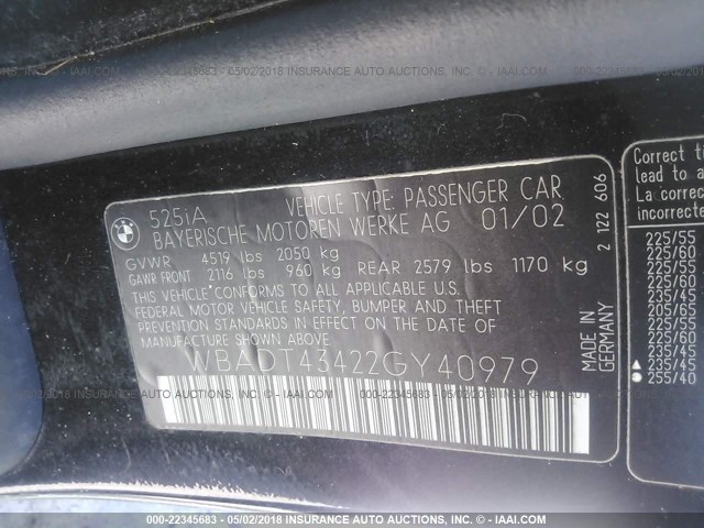 WBADT43422GY40979 - 2002 BMW 525 I AUTOMATIC BLACK photo 9