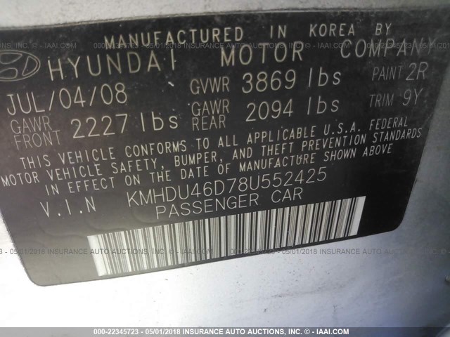 KMHDU46D78U552425 - 2008 HYUNDAI ELANTRA GLS/SE/LIMITED SILVER photo 9