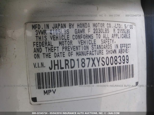 JHLRD187XYS008399 - 2000 HONDA CR-V SE/EX WHITE photo 9