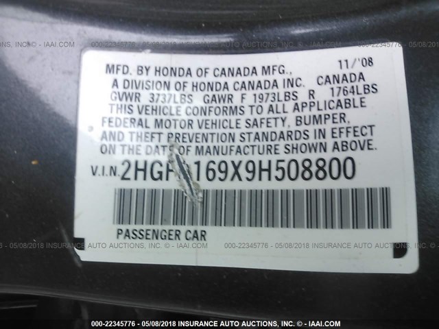 2HGFA169X9H508800 - 2009 HONDA CIVIC EXL ნაცრისფერი ფოტო 9