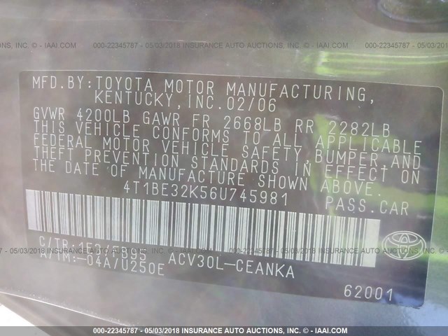 4T1BE32K56U745981 - 2006 TOYOTA CAMRY LE/XLE/SE GRAY photo 9