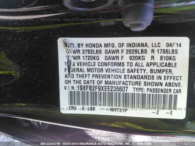19XFB2F9XEE235607 - 2014 HONDA CIVIC EXL BLACK photo 9