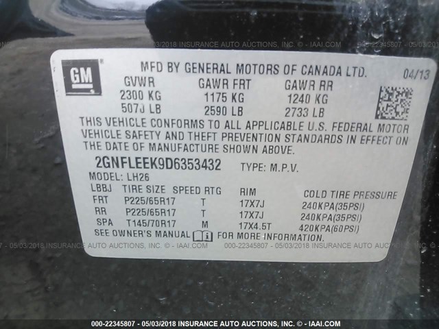 2GNFLEEK9D6353432 - 2013 CHEVROLET EQUINOX LT BLACK photo 9