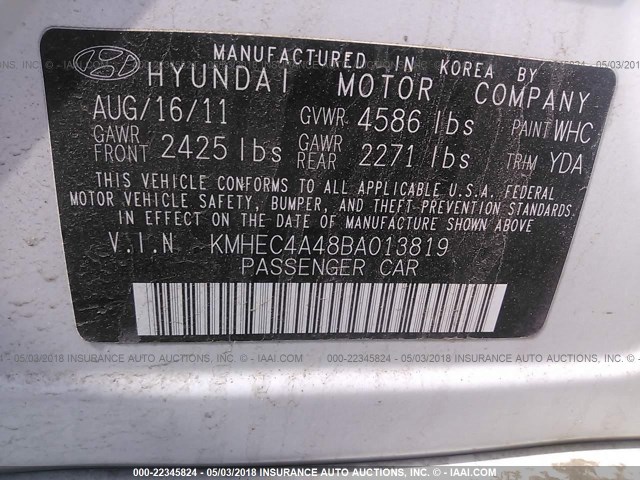 KMHEC4A48BA013819 - 2011 HYUNDAI SONATA HYBRID WHITE photo 9