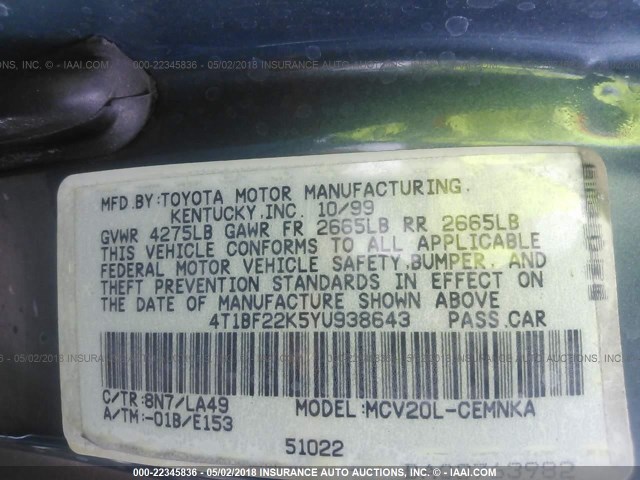 4T1BF22K5YU938643 - 2000 TOYOTA CAMRY LE/XLE BLUE photo 9