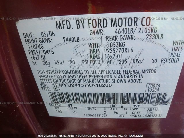 1FMYU94137KA18260 - 2007 FORD ESCAPE LIMITED RED photo 9