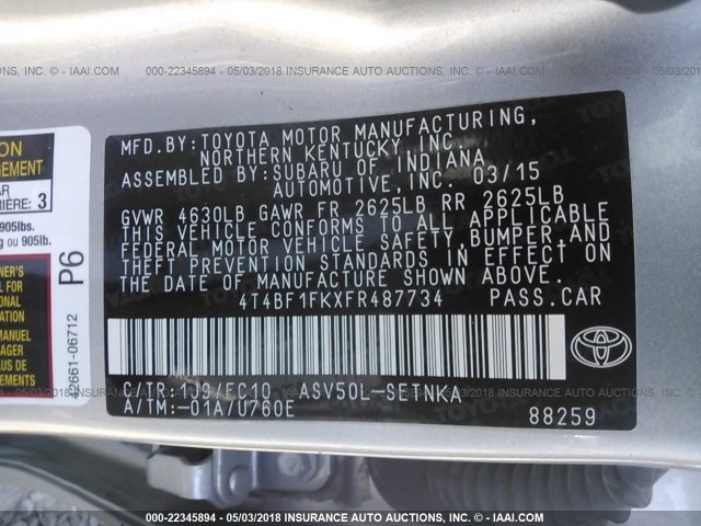 4T4BF1FKXFR487734 - 2015 TOYOTA CAMRY LE/XLE/SE/XSE 银色 照片 9