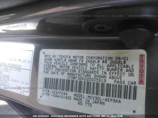 JTDBF32K020005919 - 2002 TOYOTA CAMRY LE/XLE/SE ნაცრისფერი ფოტო 9