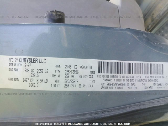 2A8HR54P58R679111 - 2008 CHRYSLER TOWN & COUNTRY TOURING Light Blue photo 9