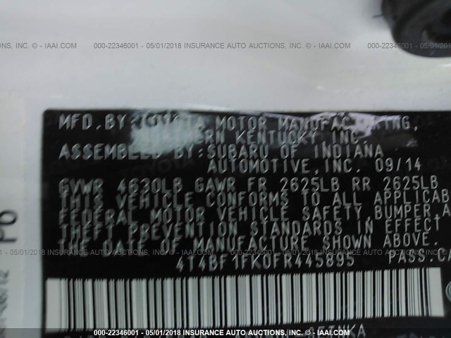 4T4BF1FK0FR445895 - 2015 TOYOTA CAMRY LE/XLE/SE/XSE WHITE photo 9