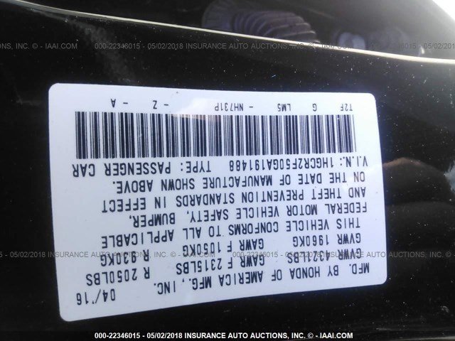 1HGCR2F50GA191488 - 2016 HONDA ACCORD SPORT 黑色 照片 9