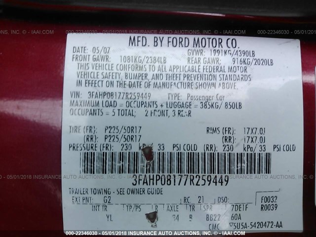 3FAHP08177R259449 - 2007 FORD FUSION SEL RED photo 9