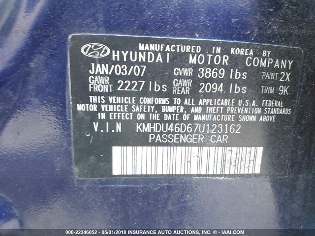 KMHDU46D67U123162 - 2007 HYUNDAI ELANTRA GLS/SE/LIMITED BLUE photo 9