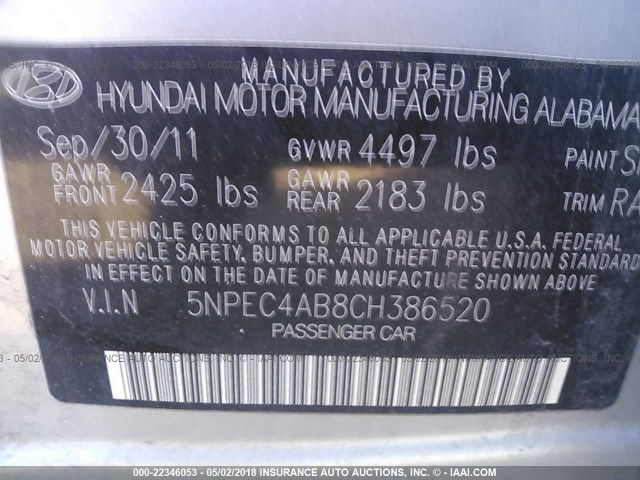 5NPEC4AB8CH386520 - 2012 HYUNDAI SONATA SE/LIMITED SILVER photo 9