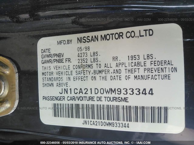 JN1CA21D0WM933344 - 1998 NISSAN MAXIMA GLE/GXE/SE BLACK photo 9