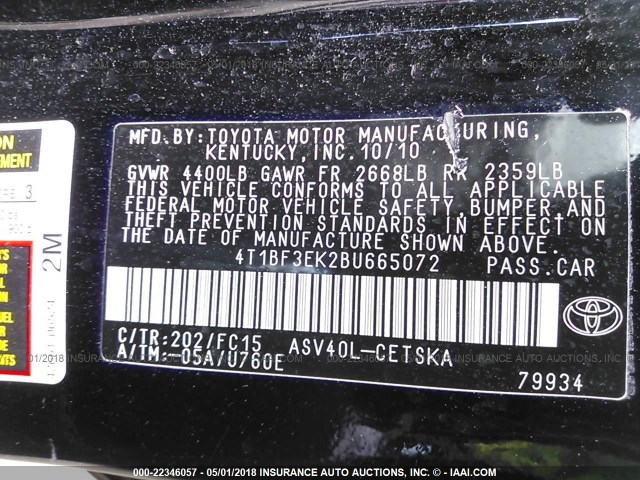 4T1BF3EK2BU665072 - 2011 TOYOTA CAMRY SE/LE/XLE BLACK photo 9