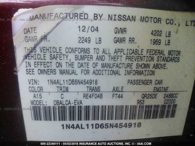 1N4AL11D65N454918 - 2005 NISSAN ALTIMA S/SL RED photo 9