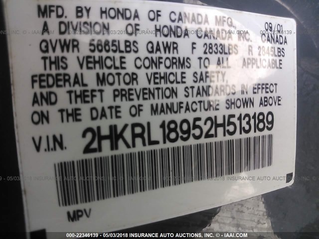 2HKRL18952H513189 - 2002 HONDA ODYSSEY EXL GRAY photo 9