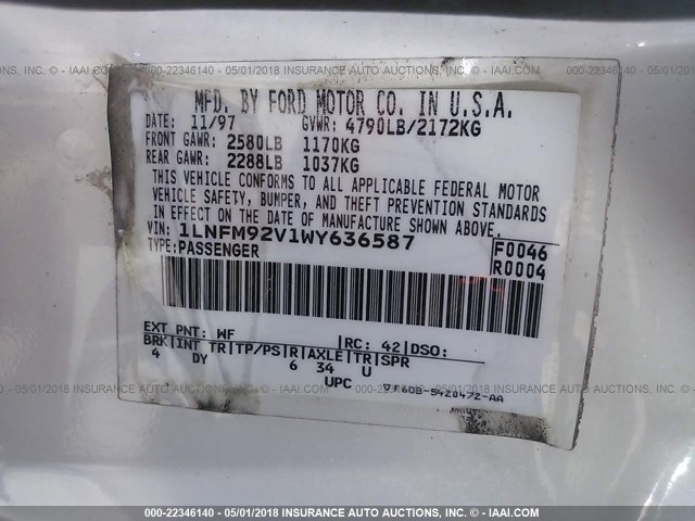 1LNFM92V1WY636587 - 1998 LINCOLN MARK VIII LSC WHITE photo 9