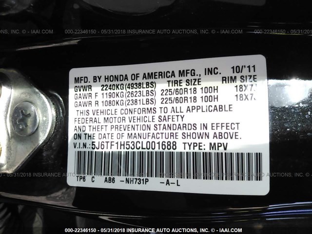 5J6TF1H53CL001688 - 2012 HONDA CROSSTOUR EXL შავი ფოტო 9