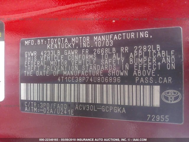 4T1CE38P74U806896 - 2004 TOYOTA CAMRY SOLARA SE/SLE წითელი ფოტო 9