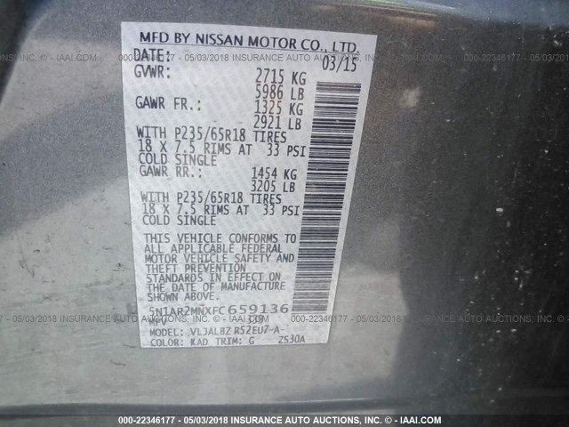 5N1AR2MNXFC659136 - 2015 NISSAN PATHFINDER S/SV/SL/PLATINUM 灰色 照片 9