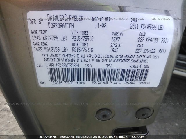 1J4GL48K33W575854 - 2003 JEEP LIBERTY SPORT/FREEDOM ყავისფერი ფოტო 9