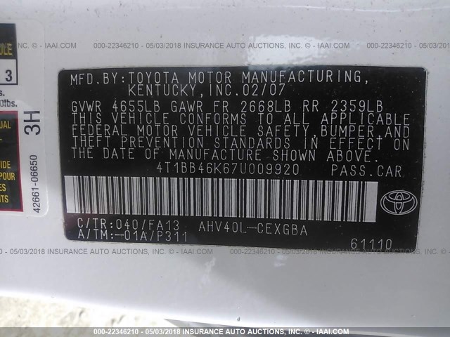 4T1BB46K67U009920 - 2007 TOYOTA CAMRY NEW GENERAT HYBRID WHITE photo 9