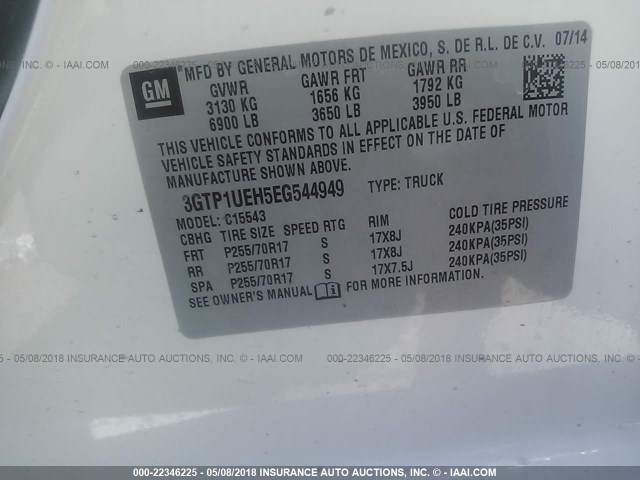 3GTP1UEH5EG544949 - 2014 GMC SIERRA C1500 SLE WHITE photo 9