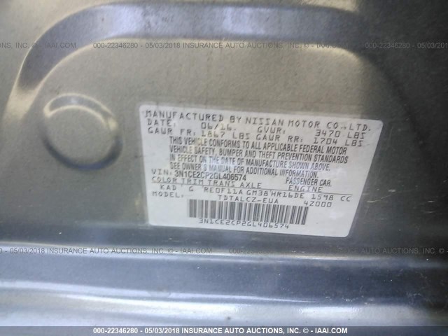 3N1CE2CP2GL406574 - 2016 NISSAN VERSA NOTE S/S PLUS/SV/SL/SR GRAY photo 9