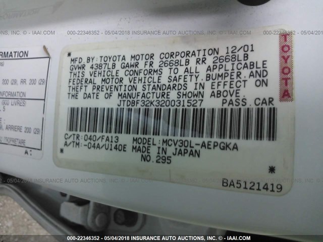 JTDBF32K320031527 - 2002 TOYOTA CAMRY LE/XLE/SE WHITE photo 9