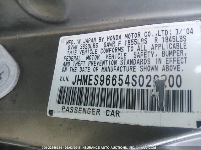 JHMES96654S022200 - 2004 HONDA CIVIC HYBRID GRAY photo 9