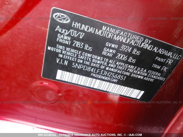 5NPD84LF3JH256851 - 2018 HYUNDAI ELANTRA SEL/VALUE/LIMITED RED photo 9