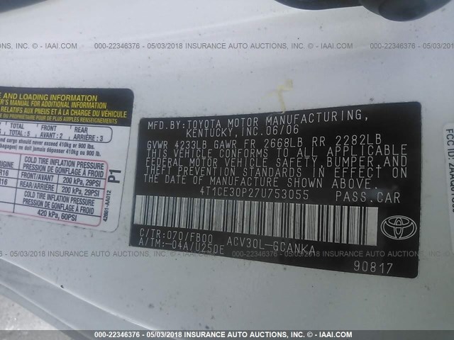 4T1CE30P27U753055 - 2007 TOYOTA CAMRY SOLARA SE/SLE თეთრი ფოტო 9