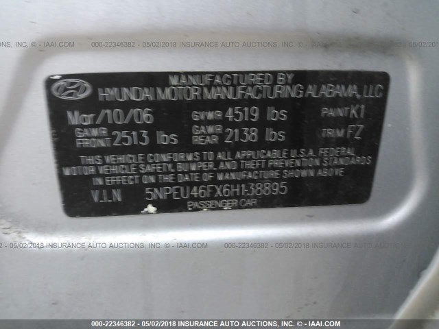 5NPEU46FX6H138895 - 2006 HYUNDAI SONATA GLS/LX SILVER photo 9