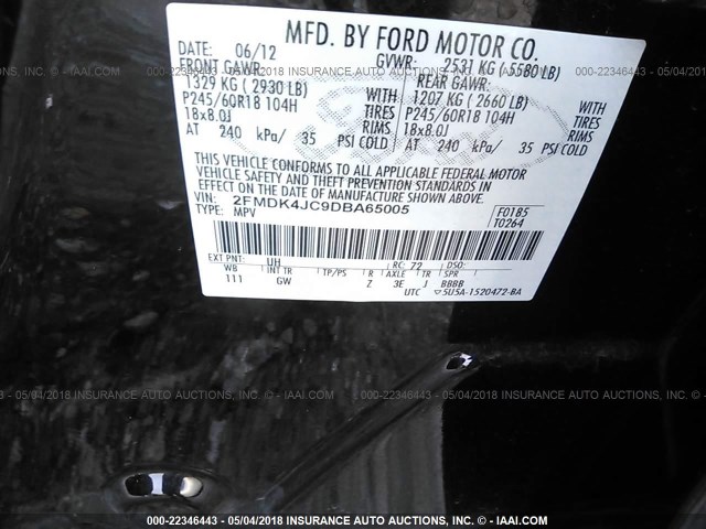 2FMDK4JC9DBA65005 - 2013 FORD EDGE SEL BLACK photo 9