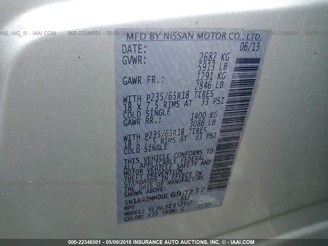 5N1AR2MM0DC690237 - 2013 NISSAN PATHFINDER S/SV/SL/PLATINUM 银色 照片 9